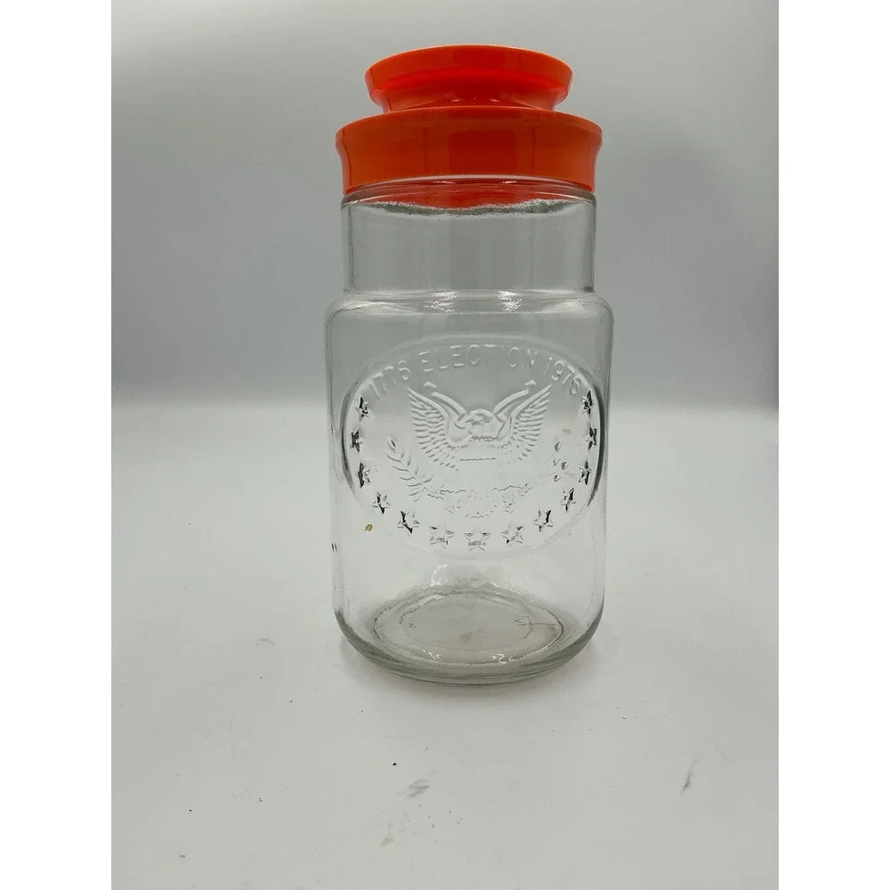 Vintage 1776-1976 Bicentennial Election Glass Canister Jar with Orange Lid